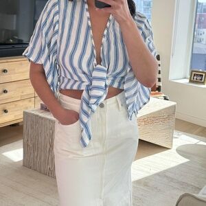 Faithfull the Brand “Olsen” Striped Tie-Front Crop Blouse • Blue & White • XS